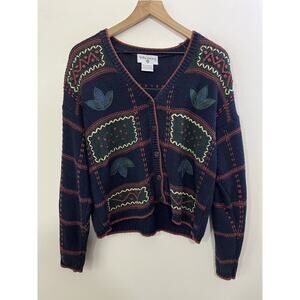 Vtg 90s Y2K Grandma Cottage Cabin Patchwork Cardigan Sweater M Whimsi Academia